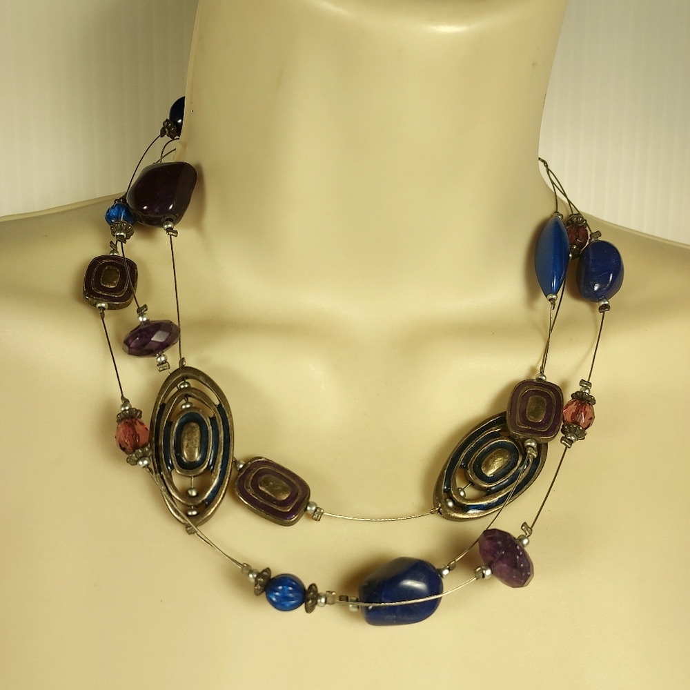 Chico's Navy Blue and Silver Wire Multi-Layer Necklace Stone Glass Boho Style - Picture 7 of 8